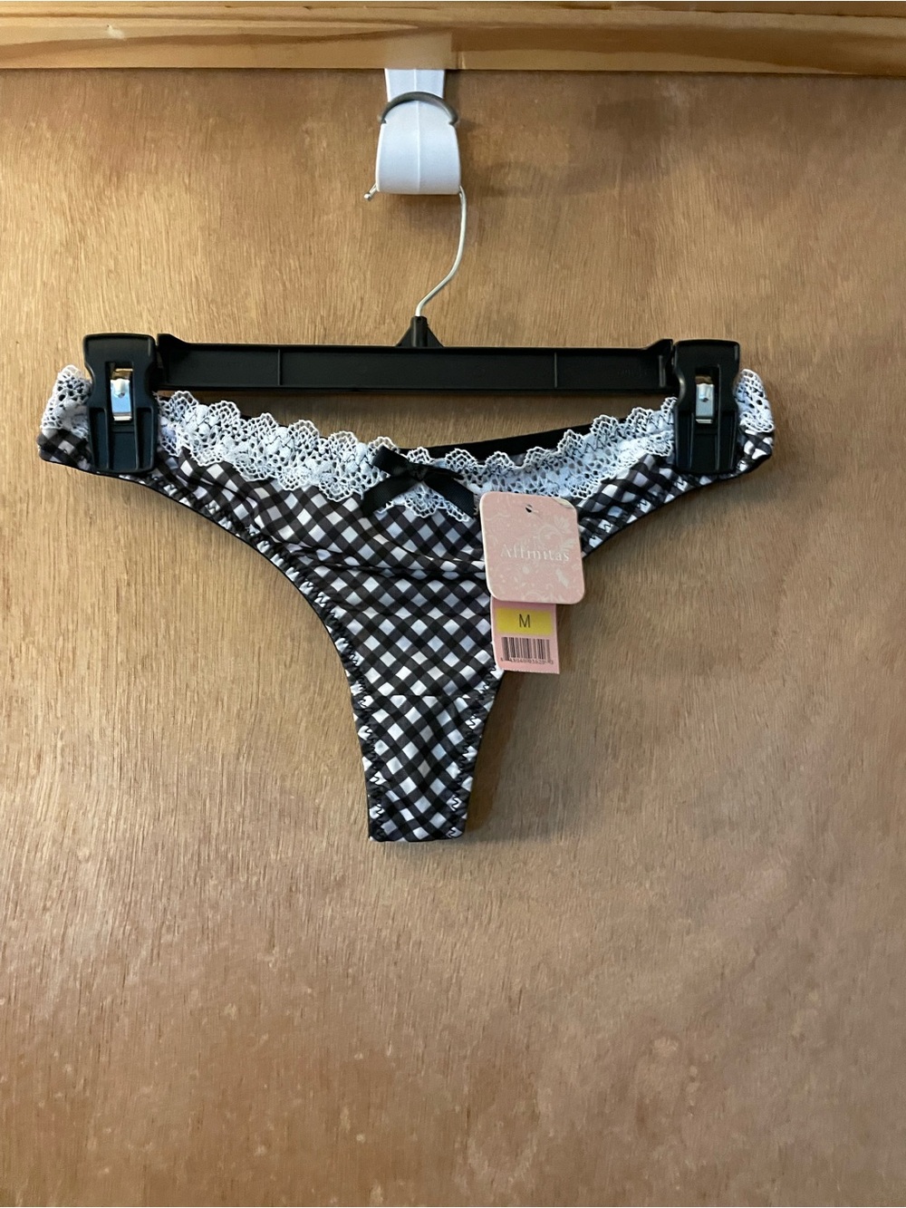 Black & White Gingham Lace-Trim Thong